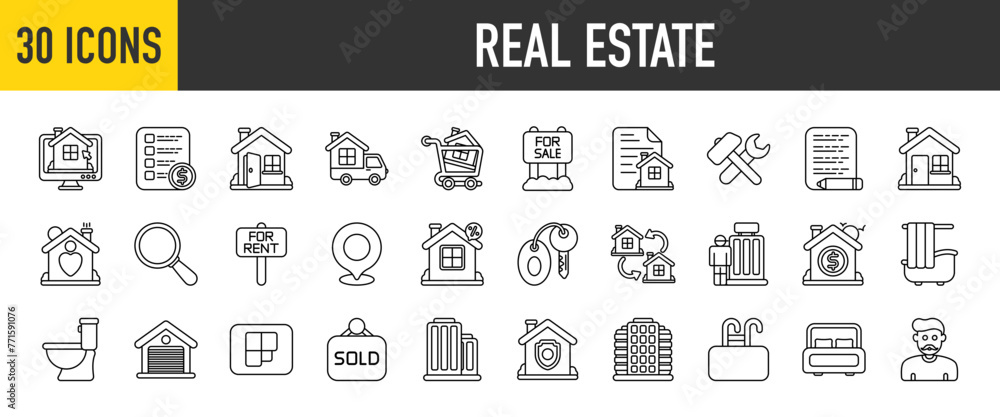 30 Real Estate icons set. Containing Moving Home, Budgeting, Rent, Renovation, House, Key, Bathroom, Agent, Sold, Mortgage, Location, Search, Skyscraper, Plans more Vector illustration collection. 30 Real Estate icons set. Containing Moving Home, Budgeting, Rent, Renovation, House, Key, Bathroom, Agent, Sold, Mortgage, Location, Search, Skyscraper, Plans more Vector illustration collection.