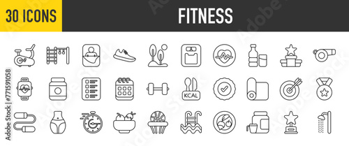 30 Fitness icons set. Containing Jungle Gym, Medal, Sleeping Baby, Running Shoes, Cardio, Smartwatch, Water Bottle, Gym, Skipping Rope, Shower, Diet, Dart more Vector illustration collection.