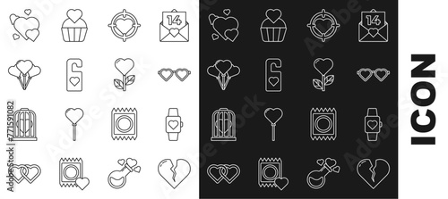 Set line Broken heart or divorce, Heart in the center wrist watch, shaped love glasses, of darts target aim, Please do not disturb with, Balloons form, and flower icon. Vector