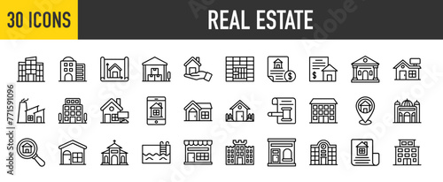  30 Real Estate icons set. Containing Investment, Commercial Structures, House Plan, Shopping Mall, Warehouse, House Value, Payment, Location, Finder,
 Swimming Pool  Vector illustration collection.