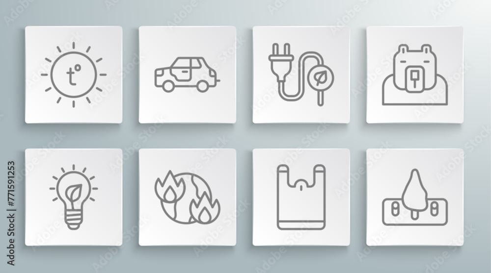 Set line Light bulb with leaf, Car, Global warming fire, Plastic bag, Deforestation, Electric saving plug, Polar bear head and Sun icon. Vector Set line Light bulb with leaf, Car, Global warming fire, Plastic bag, Deforestation, Electric saving plug, Polar bear head and Sun icon. Vector