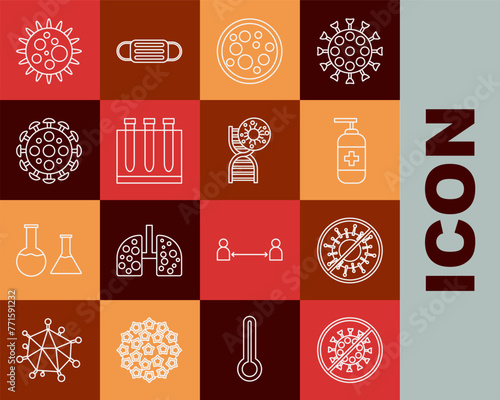 Set line Stop virus, Bottle of liquid antibacterial soap, Virus, Blood test and, and DNA symbol icon. Vector
