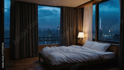 Luxury bedroom with a big window overlooking the city at night