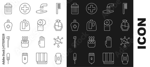 Set line Sanitary napkin, Virus, Perfume, Washing hands with soap, Bottles for cleaning agent, of liquid antibacterial, Trash can and Toilet paper roll icon. Vector
