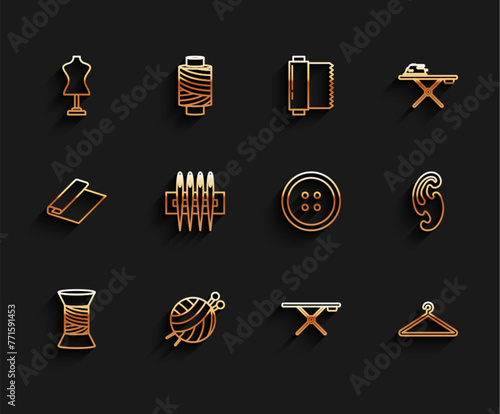 Set line Sewing thread on spool, Yarn ball with knitting needles, Mannequin, Ironing board, Hanger wardrobe, Needle for sewing, French curves and button clothes icon. Vector