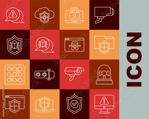 Set line Monitor with exclamation mark, Flasher siren, Document folder protection, Laptop and lock, System bug, Exclamation in triangle and Browser incognito window icon. Vector