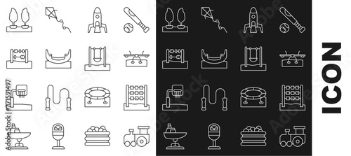 Set line Toy train, Tic tac toe game, Seesaw, Rocket ship, Boat swing, Abacus, Forest and Swing icon. Vector