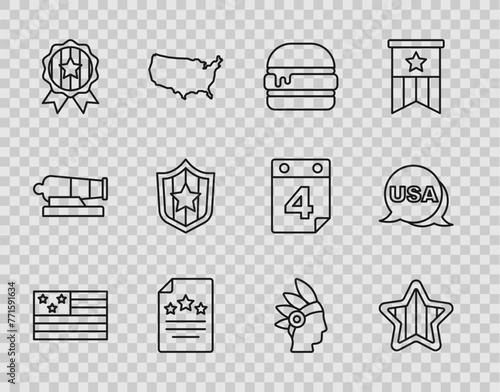 Set line American flag, USA Independence day, Burger, Declaration of independence, Medal with star, Shield stars, Native Indian and icon. Vector