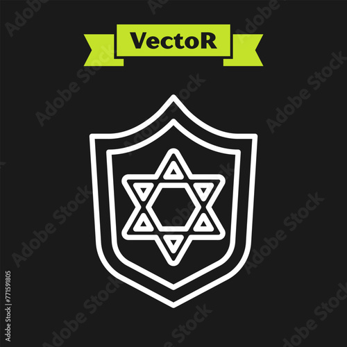 White line Shield with Star of David icon isolated on black background. Jewish religion symbol. Symbol of Israel. Vector