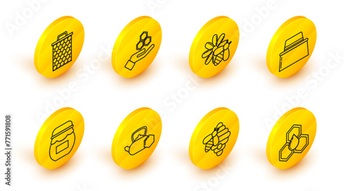 Set line Honeycomb, Hive for bees, Tea kettle with honey, Jar of, Beekeeper protect hat, and flower, hand and icon. Vector