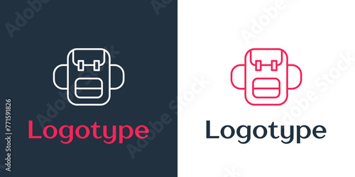 Logotype line School backpack icon isolated on white background. Logo design template element. Vector