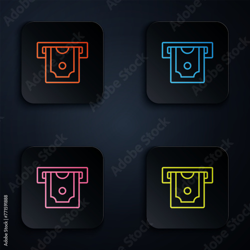 Color neon line ATM - Automated teller machine and money icon isolated on black background. Set icons in square buttons. Vector