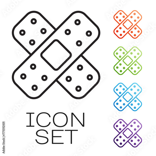 Black line Crossed bandage plaster icon isolated on white background. Medical plaster, adhesive bandage, flexible fabric bandage. Set icons colorful. Vector