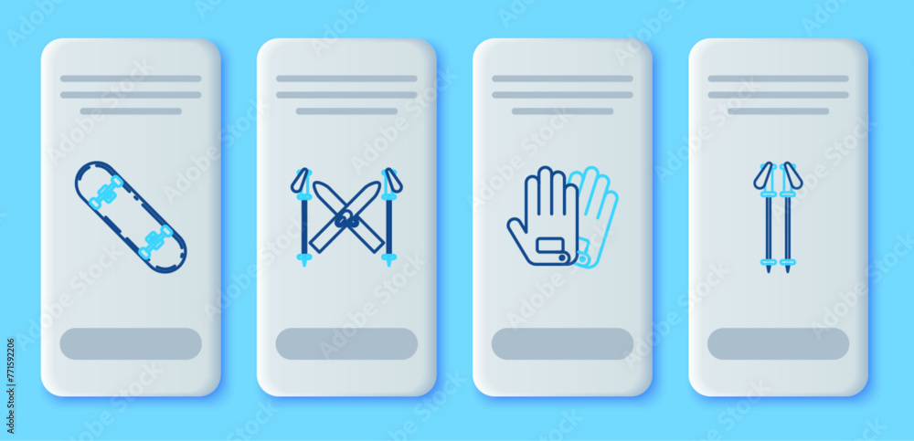 Set line Ski and sticks, Gloves, Skateboard trick and poles icon. Vector Set line Ski and sticks, Gloves, Skateboard trick and poles icon. Vector