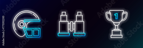 Set line Award cup, American football helmet and Binoculars icon. Glowing neon. Vector