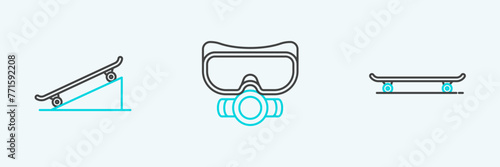 Set line Skateboard, on street ramp and Diving mask icon. Vector