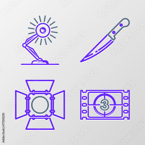 Set line Play Video, Movie spotlight, Knife and Table lamp icon. Vector