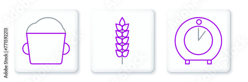 Set line Kitchen timer, Bakery bowl dough and Cereals with rice, wheat, corn, oats, rye icon. Vector