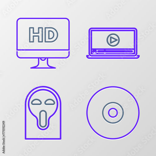 Set line CD or DVD disk, Funny and scary ghost mask, Online play video and Computer PC monitor with HD technology icon. Vector