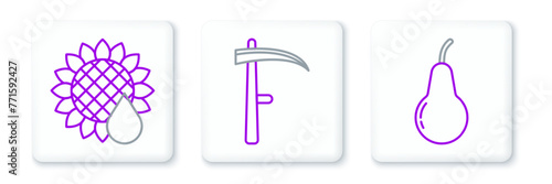 Set line Pear, Sunflower and Scythe icon. Vector