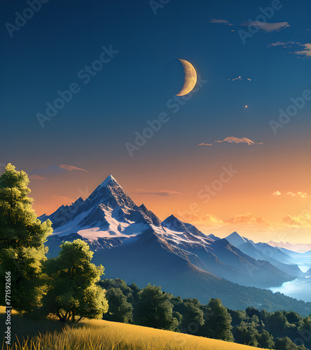 Illustration of pastel mountains in beautiful scenery. Scenic mountain landscape.