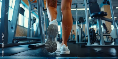 Closeup of a womans legs with a knee injury during a fitness workout in a gym. Concept Fitness Injury, Gym Workouts, Leg Pain, Athletic Injuries, Physical Therapy © Anastasiia