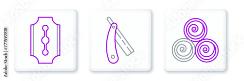 Set line Towel rolls, Blade razor and Straight icon. Vector