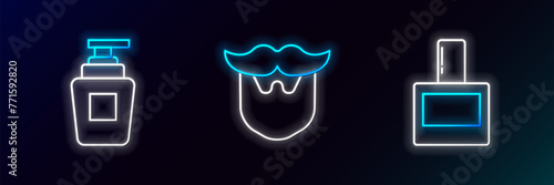 Set line Aftershave, Bottle of shampoo and Mustache and beard icon. Glowing neon. Vector
