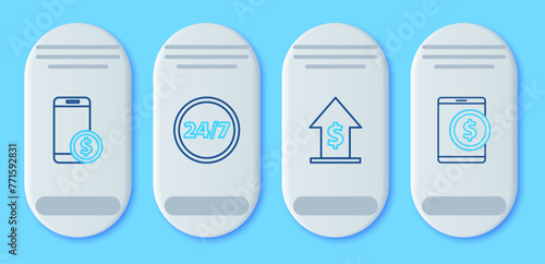 Set line Clock 24 hours, Financial growth and coin, Smartphone with dollar and Tablet icon. Vector