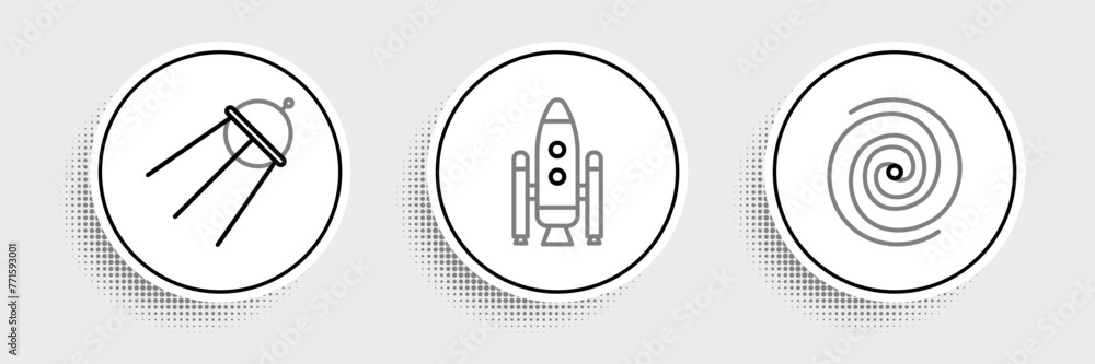 Set line Black hole, Satellite and Space shuttle and rockets icon. Vector Set line Black hole, Satellite and Space shuttle and rockets icon. Vector