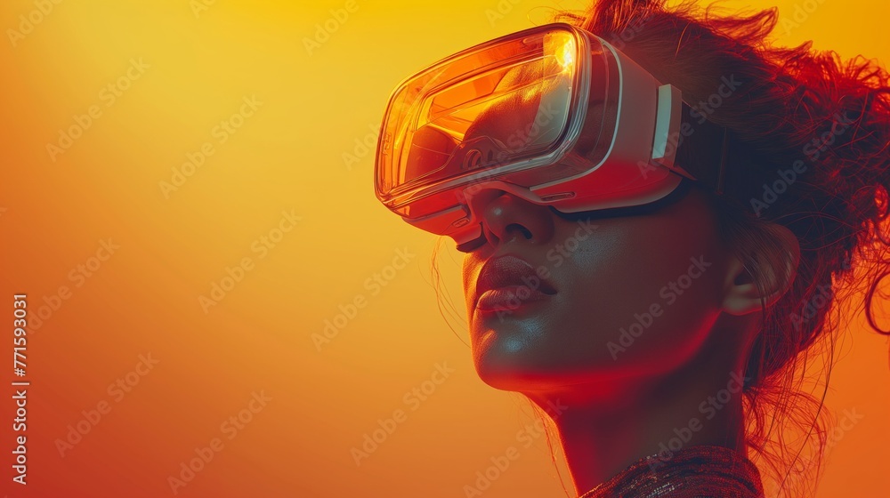 Woman head wearing VR glasses on orange yellow background, copy space background Woman head wearing VR glasses on orange yellow background, copy space background