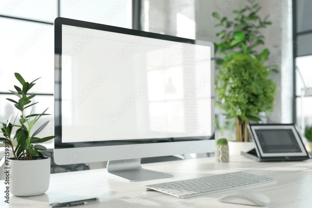 Computer display mock-up with empty white emockup in bright modern office Computer display mock-up with empty white emockup in bright modern office