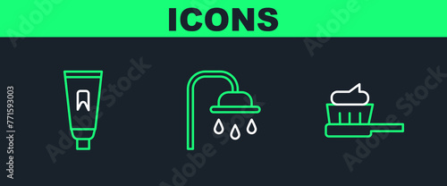 Set line Toothbrush with toothpaste, Tube of and Shower head icon. Vector
