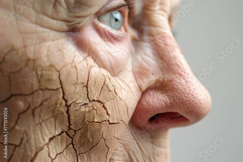 damaged face skin of old woman, skin exfoliation, dry skin concept