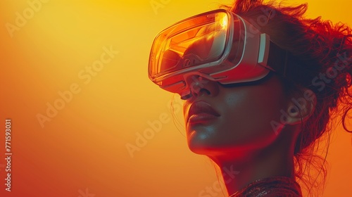 Woman head wearing VR glasses on orange yellow background, copy space background