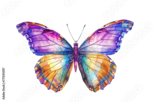 Colorful painted butterfly with wings spread out flying Isolated on white background