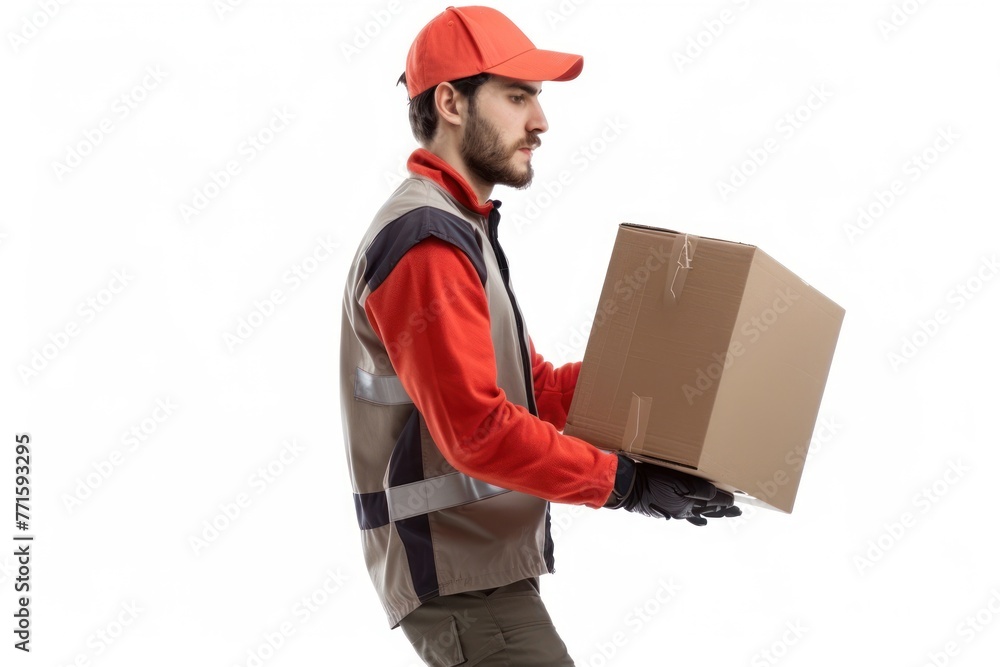 Delivery man delivering items on white background Delivery man delivering items on white background