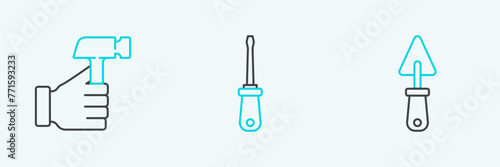 Set line Trowel, Hammer and Screwdriver icon. Vector