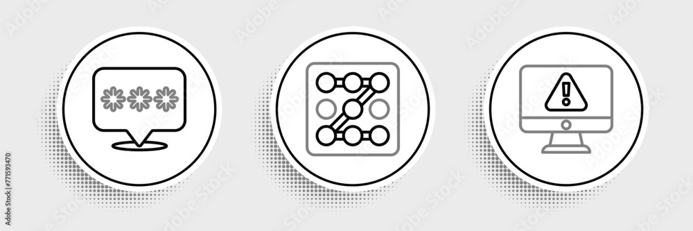 Set line Monitor with exclamation mark, Password protection and Graphic password icon. Vector Set line Monitor with exclamation mark, Password protection and Graphic password icon. Vector