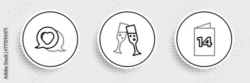 Set line Greeting card, Heart speech bubble and Glass of champagne icon. Vector