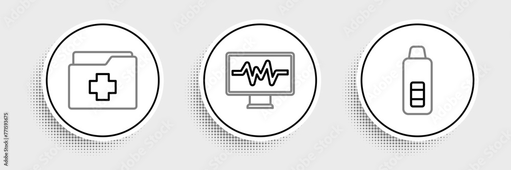 Set line Digital thermometer, Patient record and Monitor with cardiogram icon. Vector Set line Digital thermometer, Patient record and Monitor with cardiogram icon. Vector