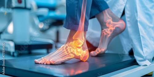Analyzing X-ray of Swollen Ankle Joint for Gout Treatment: Uric Acid Crystals in Focus. Concept Gout Treatment, X-ray Analysis, Swollen Ankle Joint, Uric Acid Crystals, Medical Imaging photo