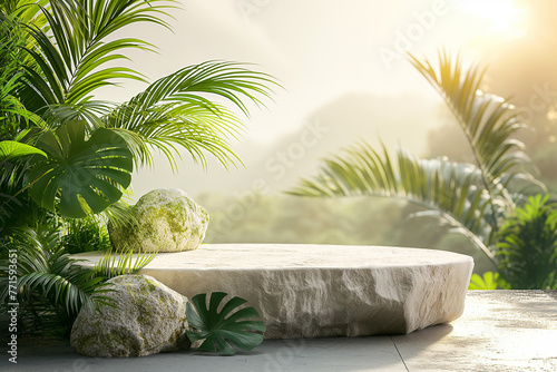 Stone podium for display product. forest plant nature background for cosmetic product branding  identity and packaging  Generative AI