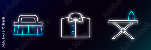 Set line Iron and ironing board, Brush for cleaning and T-shirt icon. Glowing neon. Vector