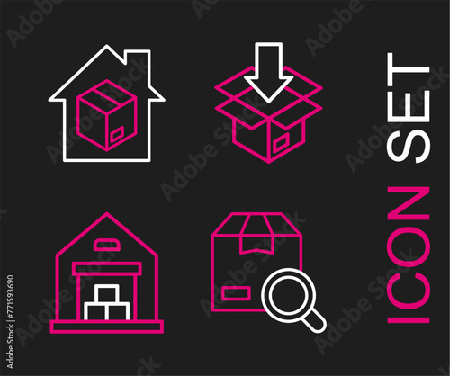 Set line Search package, Warehouse, Carton cardboard box and Home delivery services icon. Vector