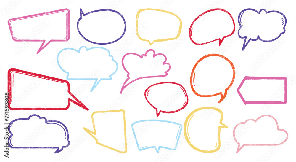 Obraz premium Cute crayon frame speech bubble hand draw set. Crayon chalk background speech bubble frame. Hand drawn chalk pencil dialog balloon, children color doodle text cloud. Vector illustration