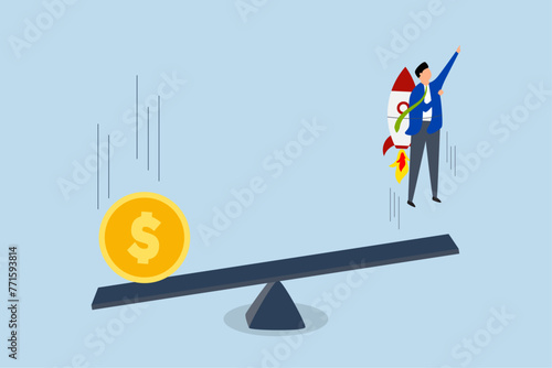 Economic stimulus money, large dollar coin falls on a seesaw to boost businessman on the other side with a rocket.