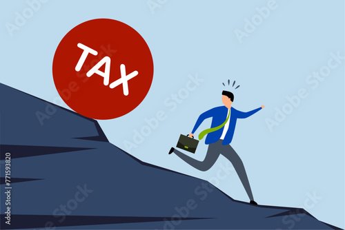 Tax payment deadline mistake, big heavy tax ball is rolling down the hill to a depressed and panicked businessman.