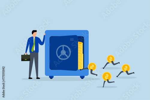 Passive income, businessman open a safe with rich treasures and coins inside.