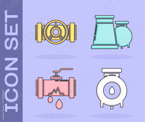 Set Oil and gas industrial factory building, Industry metallic pipes and valve, Broken metal pipe with leaking water and Oil and gas industrial factory building icon. Vector